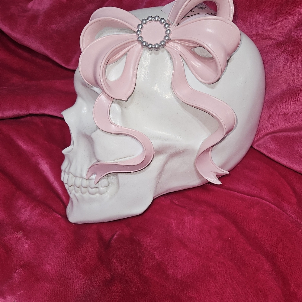Large White Skull With Pink Bow (Halloween Decor)